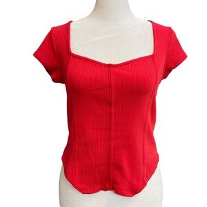 JUST POLLY Juniors size Large Square-Neck short sleeve Ribbed Crop Top in Red